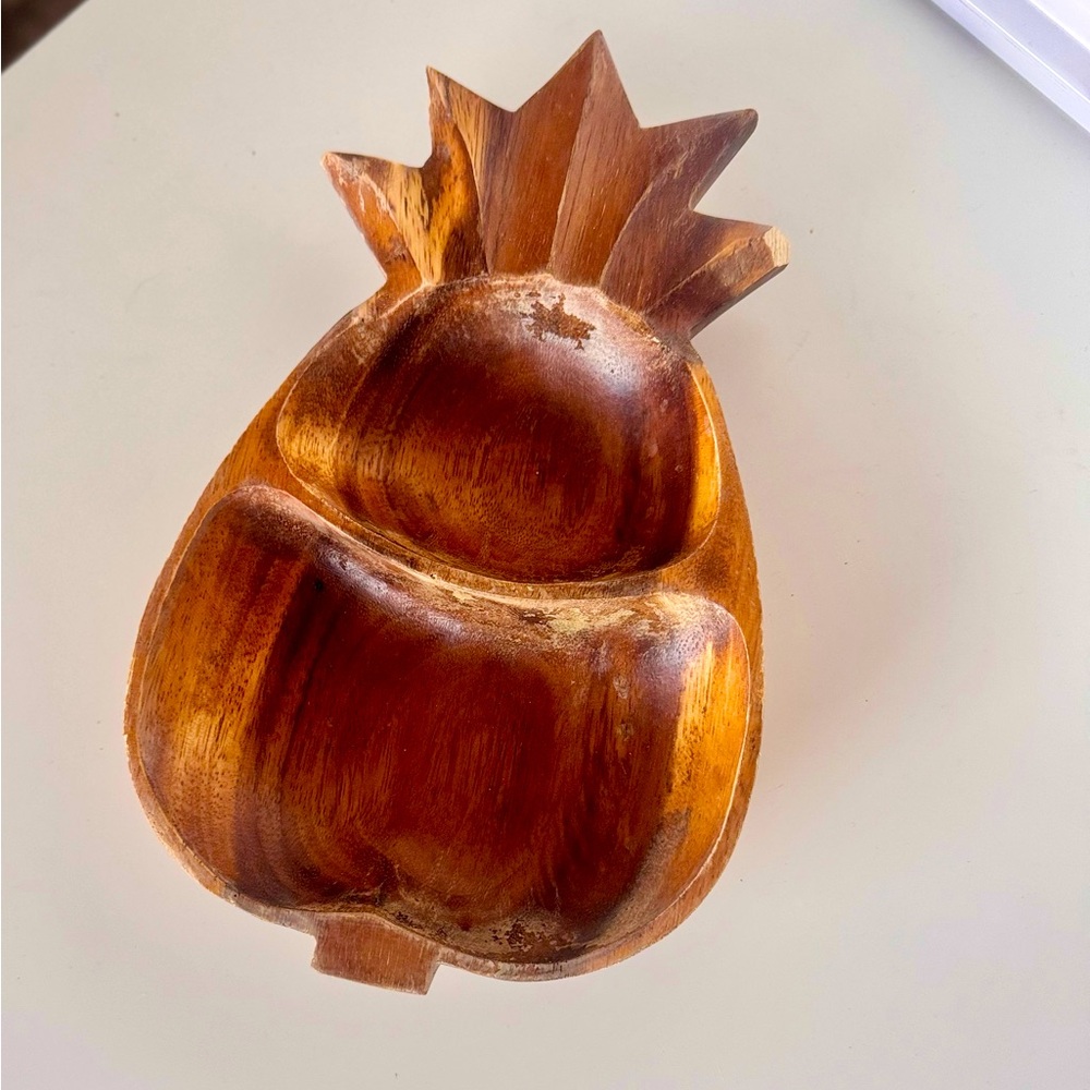 12” VINTAGE Pineapple Wooden Divided Serving Dish Coastal Tray Palm Beach Decor